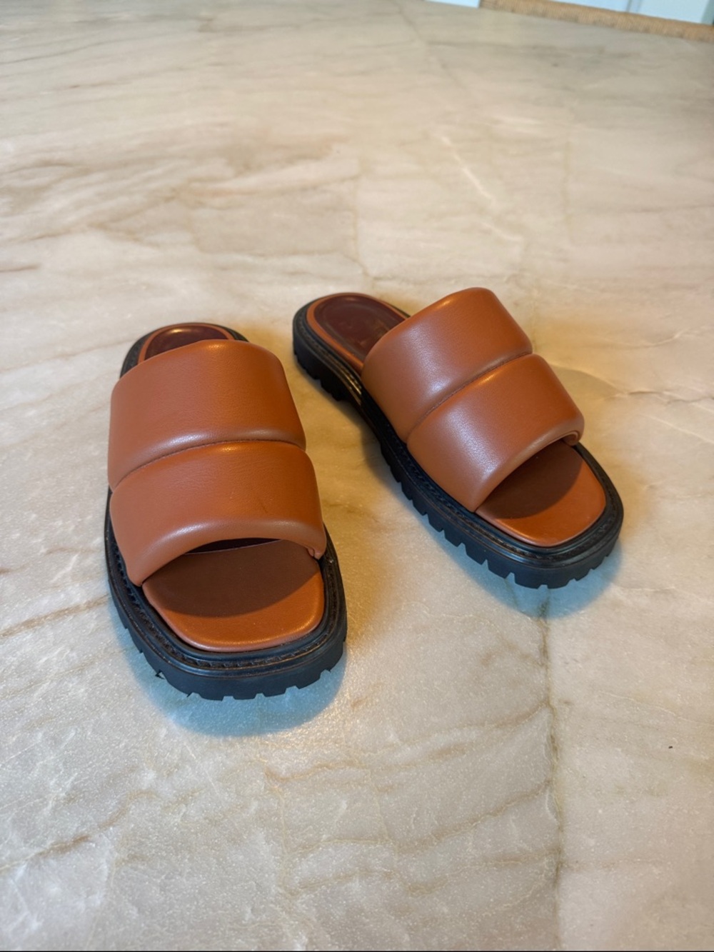 STAUD Tan Leather Slide Sandals with Black Lug Sole